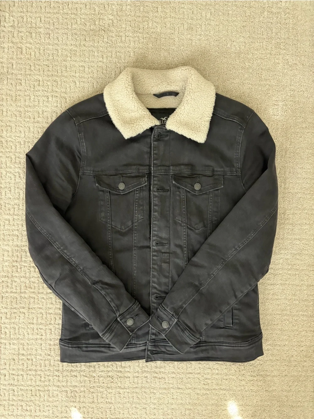 Hollister Black Denim Jacket with Cream Sherpa Collar